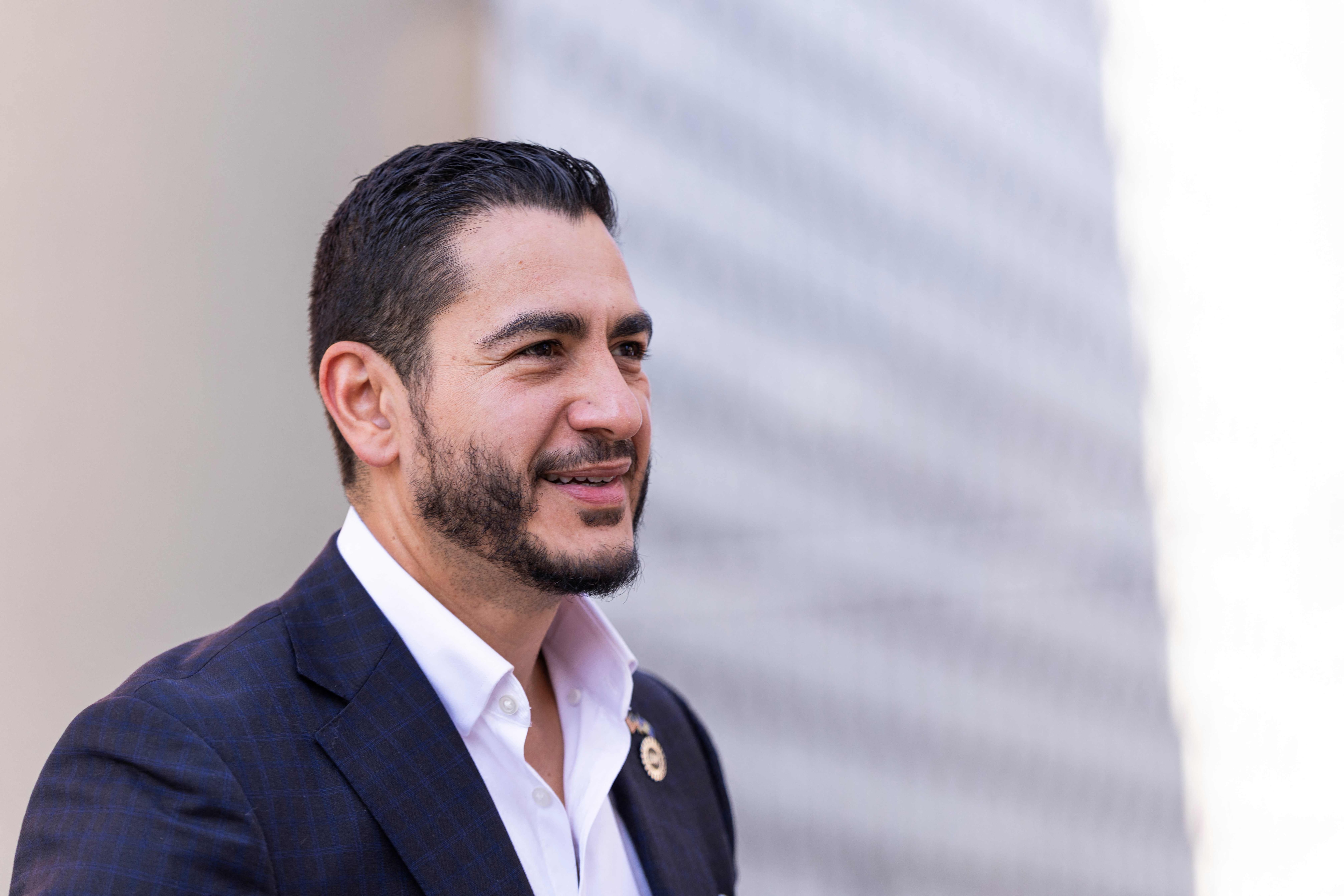 DETROIT, MICHIGAN - AUGUST 05: Michigan Democratic Senate primary winner Abdul El-Sayed arrives to a press conference in front of the Spirit of Detroit statue on August 05, 2026 in Detroit, Michigan. Sayed called on Michiganders to unite against Mike Rodgers as well as challenging him to multiple debates.   Finn Gomez/Getty Images/AFP (Photo by Finn Gomez / GETTY IMAGES NORTH AMERICA / Getty Images via AFP) (Getty Images via AFP)