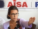 All India Students Association (AISA) national president Neha Bora addressing a press conference.
(.(Photo by Santosh Kumar/ Hindustan Times) )