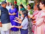 Administrator Gulab Chand Kataria being welcomed during an event in Sector 18, Chandigarh, on Friday.