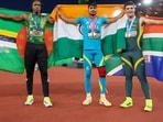 Ashish Yadav with other winners of the men’s javelin at the World Athletics U20 Championships (HT File Photo)