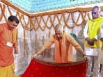 CM Yogi Adityanath in Ambedkar Nagar for the launch of foundation laying of 194 projects worth over <span class='webrupee'>₹</span>706 crore. (PTI) CM Yogi Adityanath in Ambedkar Nagar for the launch of foundation laying of 194 projects worth over <span class='webrupee'>₹</span>706 crore. (PTI)