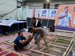 Preparations underway at the KP Trust ground in Prayagraj on the eve of the event. (HT Photo)