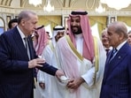 Turkey's President Recep Tayyip Erdogan (left), Saudi Arabia Crown Prince Mohammed bin Salman and Pakistan Prime Minister Shehbaz Sharif meeting in Mecca.(AFP)