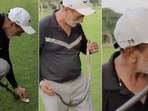 Screenshots from a viral video showing the golfer pinning down the cobra with his 5-iron, clasping it from the head and then kissing it.