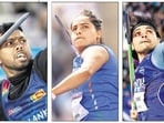 Sri Lanka’s Rumesh Pathirage and India’s Annu Rani and Neeraj Chopra. (PTI, Getty, ANI)