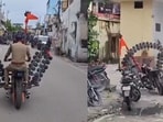 The viral video, apparently filmed by a passerby, shows a policeman riding the modified motorcycle towards a police station.(X video grab)