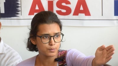 All India Students Association (AISA) national president Neha Bora addressing a press conference. (.(Photo by Santosh Kumar/ Hindustan Times) )