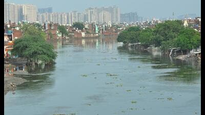 A view of the Hindon river, back in the year 2023, when the river flooded due to heavy rainfall. (HT)