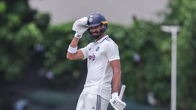 Devdutt Padikkal’s artistic unbeaten 142 ensured India finished its first innings at 357 for eight in 90 overs. (BCCI / X) Devdutt Padikkal’s artistic unbeaten 142 ensured India finished its first innings at 357 for eight in 90 overs. (BCCI / X)
