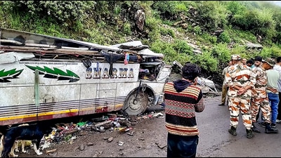 Mangled remains of the private bus after it overturned on the Bairagarh-Tissa road in Chamba on Saturday. (HT Photo) Mangled remains of the private bus after it overturned on the Bairagarh-Tissa road in Chamba on Saturday. (HT Photo)