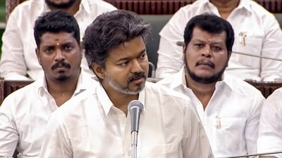 Vijay noted that whether on sharing Cauvery river water with Karnataka or stopping the construction of the dam at Mekedatu, his government would not yield even a fraction of Tamil Nadu’s rights. (File Photo/PTI) Vijay noted that whether on sharing Cauvery river water with Karnataka or stopping the construction of the dam at Mekedatu, his government would not yield even a fraction of Tamil Nadu’s rights. (File Photo/PTI)