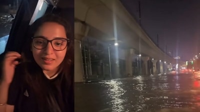 A Noida woman showed a waterlogged stretch in Sector 18 and sarcastically questioned the city’s development. (Instagram/vaishgupta) A Noida woman showed a waterlogged stretch in Sector 18 and sarcastically questioned the city’s development. (Instagram/vaishgupta)