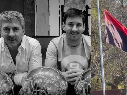 লিওনেল মেসির বাবার মৃত্যু হয়েছে আর্জেন্টিনার একটি হাসপাতালে। তারপর তাঁর প্রথম ক্লাবের পতাকা অর্ধনমিত করা হল। (ছবি সৌজন্যে, ফেসবুক Ballon d'Or﻿ এবং এক্স @NecesidadEXT)