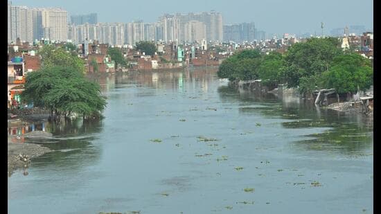 A view of the Hindon river, back in the year 2023, when the river flooded due to heavy rainfall. (HT)