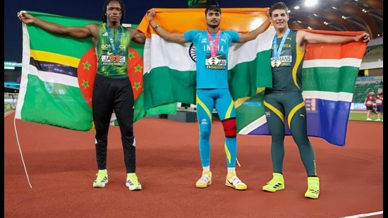 Ashish Yadav with other winners of the men’s javelin at the World Athletics U20 Championships (HT File Photo)