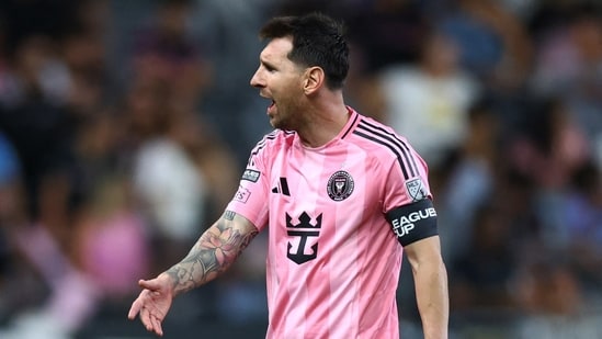 Lionel Messi #10 of Inter Miami CF reacts during the Leagues Cup Phase One match between Inter Miami CF and Atletico San Luis at Nu Stadium on August 05, 2026 in Miami, Florida.