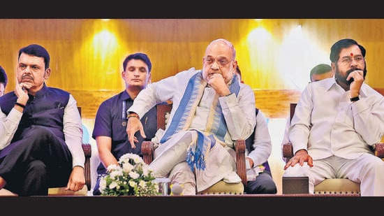 Mumbai, India - Aug. 8, 2026: Union Home and Cooperation Minister Amit Shah addresses a convention organised by the National Urban Cooperative Finance and Development Corporation (NUCFDC) at the BSE Convention Centre. Maharashtra Chief Minister Devendra Fadnavis and Deputy Chief Minister Eknath Shinde, along with senior representatives of cooperative banks and the cooperative sector from across the country, attended the event focused on strengthening India’s cooperative banking ecosystem, in Mumbai, India, on Saturday, August 8, 2026. (Photo by Anshuman Poyrekar/Hindustan Times) (Anshuman Poyrekar/HT Photo)