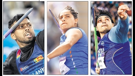 Sri Lanka’s Rumesh Pathirage and India’s Annu Rani and Neeraj Chopra. (PTI, Getty, ANI)