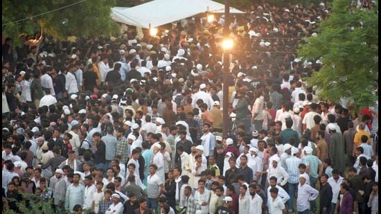 The scene at Kasari Masari graveyard in Prayagraj on Saturday during the burial of Aban, son of slain mafia-turned-politician Atiq Ahmed. (HT Photo)