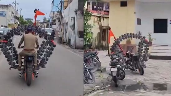 The viral video, apparently filmed by a passerby, shows a policeman riding the modified motorcycle towards a police station.