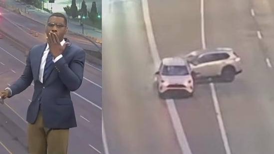 A US reporter was left stunned after a car crashed into a stalled vehicle during his live television traffic report.
