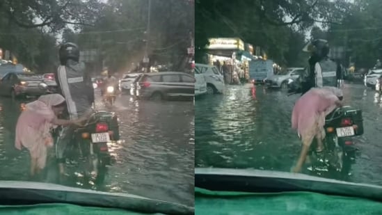 A Delhi biker’s kind gesture towards an elderly woman on a flooded road has touched hearts online.