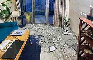 The debris from the ceiling plaster that fell on Saturday. (HT Photo) The debris from the ceiling plaster that fell on Saturday. (HT Photo)