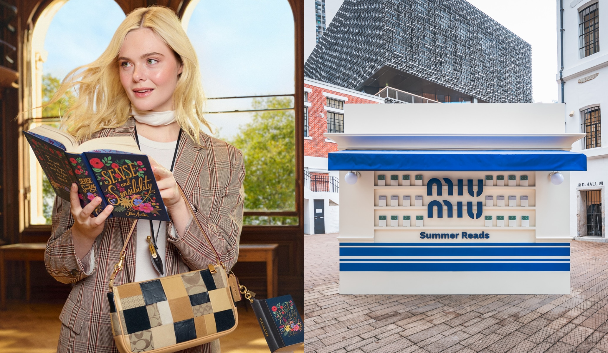 Actor Elle Fanning posing for the Coach book campaign; Miu Miu's summer reading pop-up Actor Elle Fanning posing for the Coach book campaign; Miu Miu's summer reading pop-up