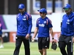 From left: Skipper Shubman Gill, head coach Gautam Gambhir and batting coach Sitanshu Kotak during a nets session in July ahead of the fourth ODI in Birmingham. (AP)