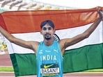 High jumper Basant Kumar Meghwal celebrates his silver medal at the U20 World Athletics Championships. (@indiannavy)