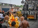 Kanwariyas seen travelling with large sound systems mounted on vehicles near Shahdra in New Delhi on Saturday. (Sanchit Khanna/HT)
