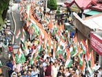 LoP Jai Ram Thakur and other BJP leaders carry out a Tiranga Yatra in Shimla on Saturday. (Deepak Sansta/HT)