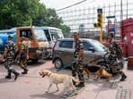 Security personnel inspect the area as preparations are underway for the Independence Day celebrations, at Red Fort, in New Delhi.