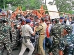 Police stop ABVP activists marching towards the CM house in Ranchi on Saturday (HT photo)