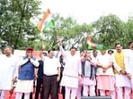 Uttarakhand Chief Minister Pushkar Singh Dhami participates in the Har Ghar Tiranga Yatra in Dehradun on Sunday.