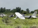 A trainer aircraft of a private company near the Baramati airstrip in Maharashtra's Pune district, after a mishap during landing. 