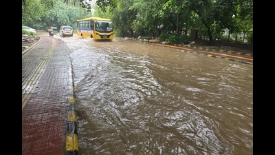 A waterlogged stretch in Sector 40 outside the Jharsa pond on Sunday. (HT Photo)