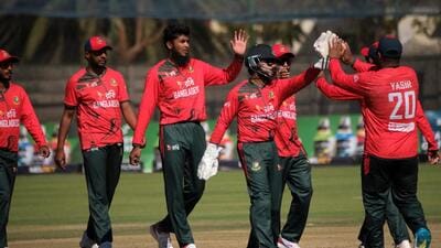 Bangladesh's players celebrate during a T20I against Zimbabwe on July 19, 2026. (AP Photo/Mkhululi Thobela)