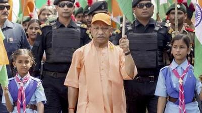 Chief minister Yogi Adityanath during the Tiranga Yatra in Lucknow on Sunday. (PTI PHOTO) Chief minister Yogi Adityanath during the Tiranga Yatra in Lucknow on Sunday. (PTI PHOTO)