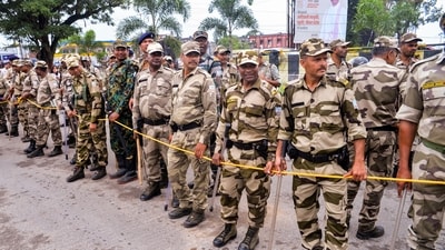 Security personnel present during a protest against the alleged irregularities of examinations conducted by Jharkhand Public Service Commission (JPSC) and Jharkhand Staff Selection Commission (JSSC) in Ranchi. (PTI) Security personnel present during a protest against the alleged irregularities of examinations conducted by Jharkhand Public Service Commission (JPSC) and Jharkhand Staff Selection Commission (JSSC) in Ranchi. (PTI)