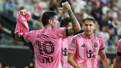 Inter Miami midfielder Rodrigo de Paul, left, celebrates after scoring a goal, wearing the shirt of teammate Lionel Messi (10) who did not play due to death of his father (AP Photo/Lynne Sladky) Inter Miami midfielder Rodrigo de Paul, left, celebrates after scoring a goal, wearing the shirt of teammate Lionel Messi (10) who did not play due to death of his father (AP Photo/Lynne Sladky)