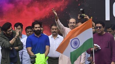 Mumbai, India - July 26, 2026: Shiv Sena (UBT) chief Uddhav Thackeray, MNS chief Raj Thackeray, Aditya Thackeray, NCP (SP) leaders, Congress leaders, CJP supporters and hundreds of youths gather at Shivaji Park, Dadar, to celebrate the resignation of Union Education Minister Dharmendra Pradhan, calling it a victory for the nationwide student movement over the NEET paper leak and examination irregularities., in Mumbai, India, on Sunday, July 26, 2026. (Photo by Anshuman Poyrekar/Hindustan Times) (Anshuman Poyrekar/HT Photo) Mumbai, India - July 26, 2026: Shiv Sena (UBT) chief Uddhav Thackeray, MNS chief Raj Thackeray, Aditya Thackeray, NCP (SP) leaders, Congress leaders, CJP supporters and hundreds of youths gather at Shivaji Park, Dadar, to celebrate the resignation of Union Education Minister Dharmendra Pradhan, calling it a victory for the nationwide student movement over the NEET paper leak and examination irregularities., in Mumbai, India, on Sunday, July 26, 2026. (Photo by Anshuman Poyrekar/Hindustan Times) (Anshuman Poyrekar/HT Photo)