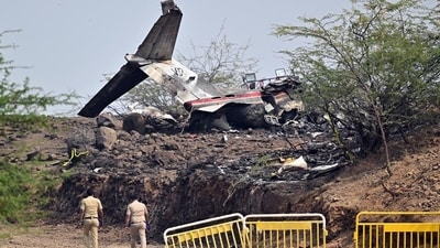 Wreckage of the chartered plane carrying Maharashtra Deputy Chief Minister Ajit Pawar lie mangled and burnt after the aircraft crashed during landing near Baramati airport, in Pune (Raju Shinde/HT Photo) Wreckage of the chartered plane carrying Maharashtra Deputy Chief Minister Ajit Pawar lie mangled and burnt after the aircraft crashed during landing near Baramati airport, in Pune (Raju Shinde/HT Photo)