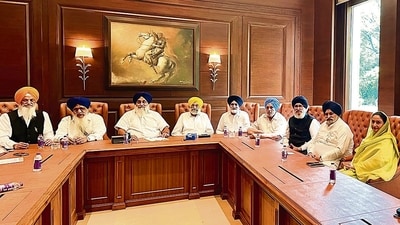 Shiromani Akali Dal chief Sukhbir Singh Badal during a meeting with senior party leaders in Chandigarh on Saturday. (@officeofssbadal/X) Shiromani Akali Dal chief Sukhbir Singh Badal during a meeting with senior party leaders in Chandigarh on Saturday. (@officeofssbadal/X)