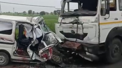 The truck was coming from Ujjain when it crashed into the car, killing all the six occupants. (X/ @NEWSWALApy) The truck was coming from Ujjain when it crashed into the car, killing all the six occupants. (X/ @NEWSWALApy)