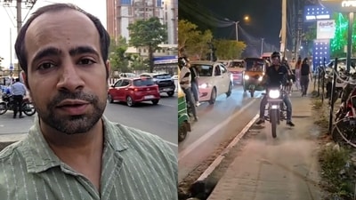 A man highlighted Bengaluru’s poor footpaths and showed how obstacles forced pedestrians onto the road. (Instagram/ouramericandream.vlogs ) A man highlighted Bengaluru’s poor footpaths and showed how obstacles forced pedestrians onto the road. (Instagram/ouramericandream.vlogs )