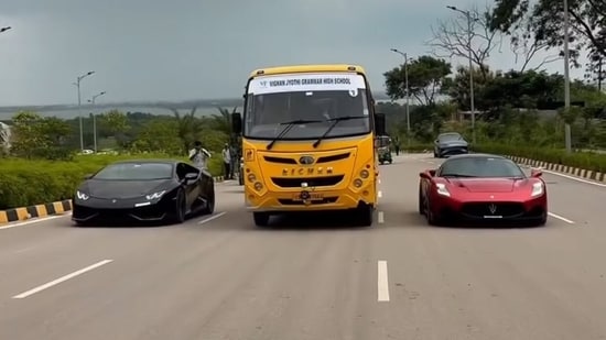 A Lamborghini owner delighted schoolchildren by letting them explore his supercar before surprising them with another luxury car.