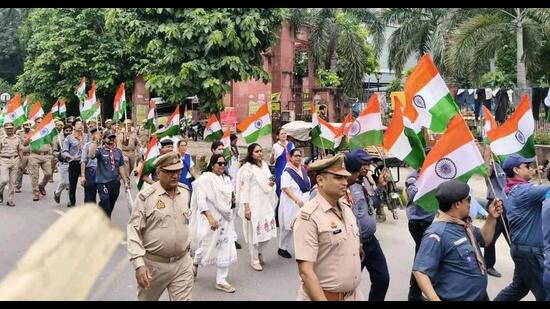 A Tiranga Yatra being taken out in Prayagraj on August 9. (HT photo)