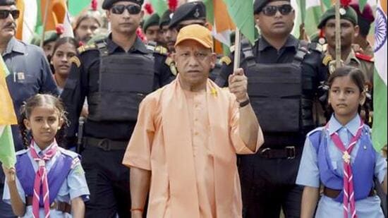 Chief minister Yogi Adityanath during the Tiranga Yatra in Lucknow on Sunday. (PTI PHOTO)