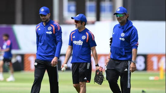From left: Skipper Shubman Gill, head coach Gautam Gambhir and batting coach Sitanshu Kotak during a nets session in July ahead of the fourth ODI in Birmingham. (AP)
